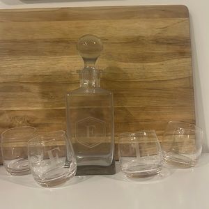 Whiskey Decanter Set with 4 Roly Poly glasses personalized “E”